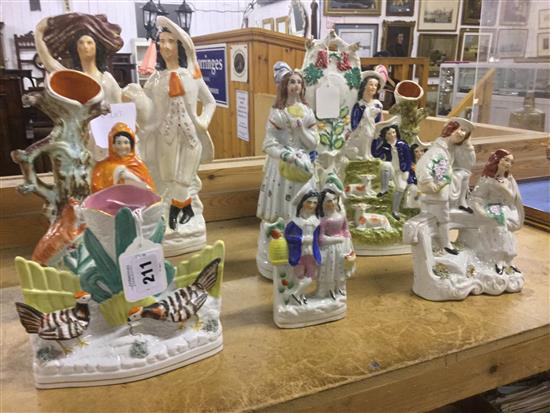 Staffordshire spill vase with hens in the foreground & clock flatback figural group etc(-)